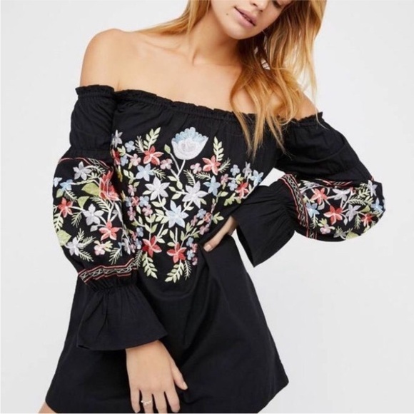 FREE PEOPLE FLEUR DU JOUR OFF-THE-SHOULDER EMBROIDERY DRESS BLACK - Picture 5 of 8